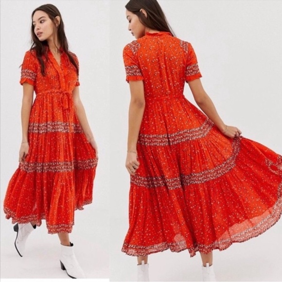 NEW FREE PEOPLE Rare Feeling Pleated Maxi Dress In Ruby Red - Picture 16 of 16